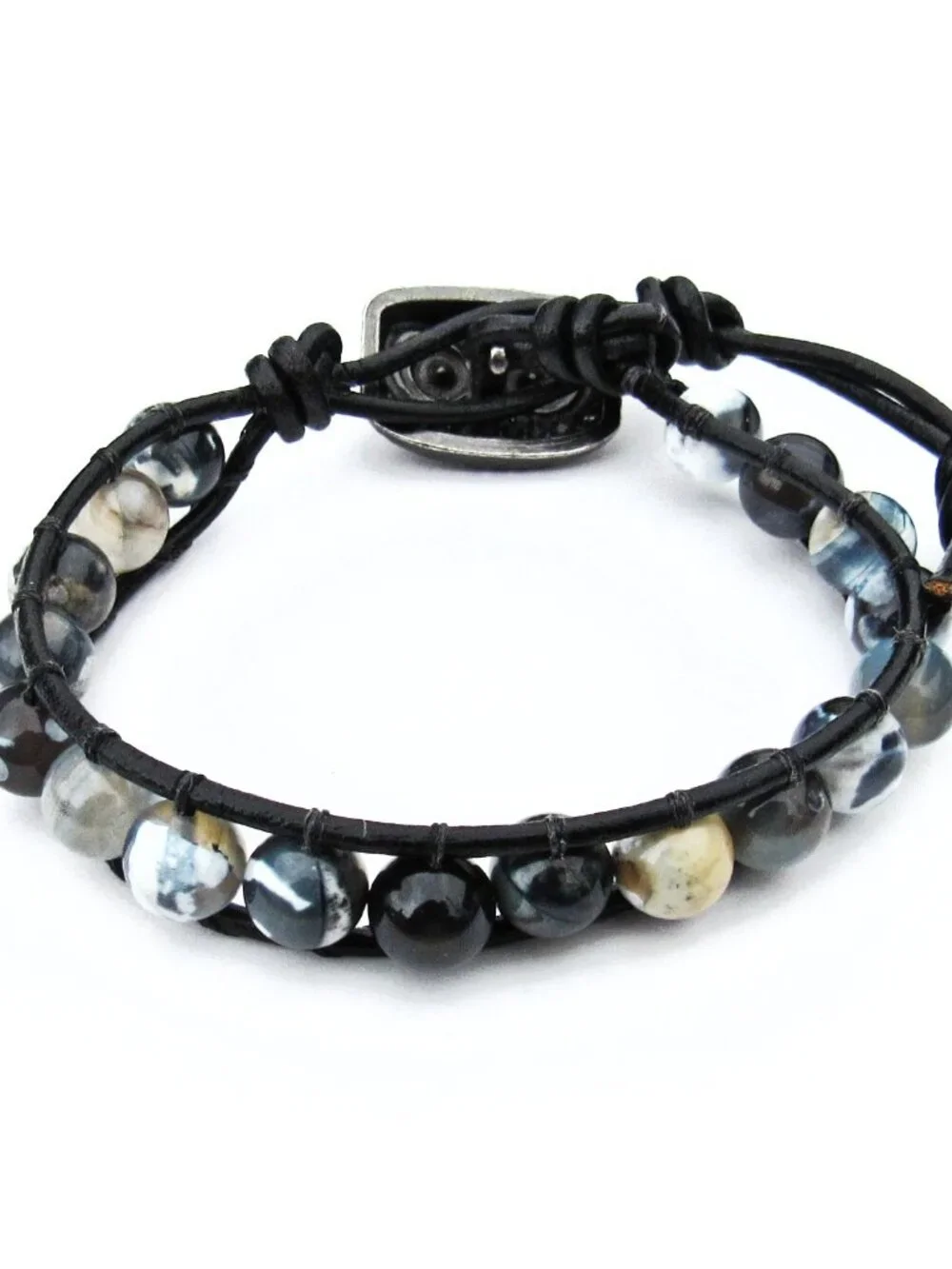 Blue Montana Moss Agate Stone and Leather, Gun Metal Owl Button Bracelet